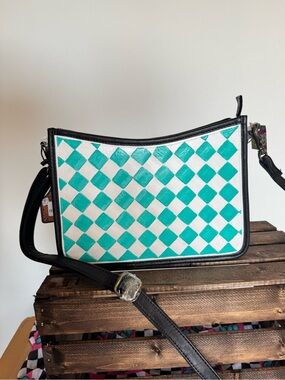 Checkerboard Teal and White Crossbody Bag with Black Trim
